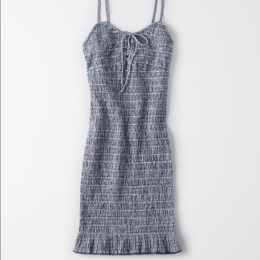 AE Smocked Gingham Dress Navy&White